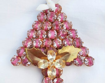 La Heir pink rhinestones White Dove Christmas brooch, vintage