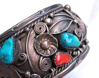 James Bahe Navajo Sterling Silver bracelet w Coral & Turquoise, 66 grams