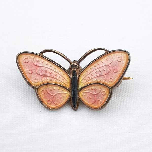 Aksel Holmsen Norway sterling silver enameled orange Butterfly brooch