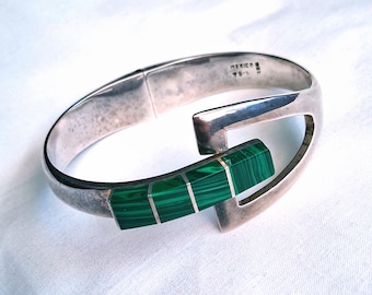 Taxco Mexico Modernist Sterling Silver bracelet w Malachite, 51 grams