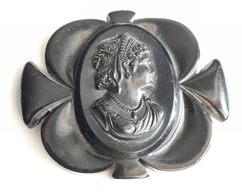 Black Cameo mourning brooch, French vintage