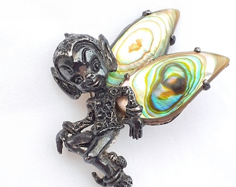 Sterling silver Elf Fairy abalone shell pin brooch