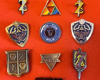 Legend of Zelda Enamel Pins | Triforce, Hylian Shield, Lon Lon Milk Icons