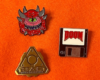 90s Doom Collectible Enamel Doom Slayer, Cacodemon, UAC, Floppy Disc