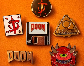 90s Doom Collectible Enamel Doom Slayer, Cacodemon, UAC, Floppy Disc