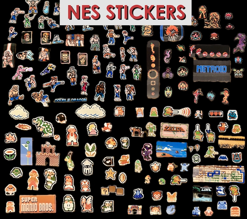 Może przedstawiać: Kolekcja naklejek NES z r&oacute;żnymi postaciami i logo z klasycznych gier wideo. Naklejki są w stylu pikselowym, na czarnym tle. Tekst "NES STICKERS" znajduje się na g&oacute;rze.