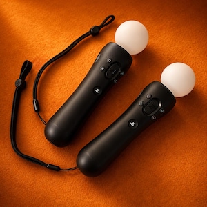 May include: Two black VR controllers with white spherical lights. Each controller has buttons and a wrist strap. The controllers are on an orange surface.