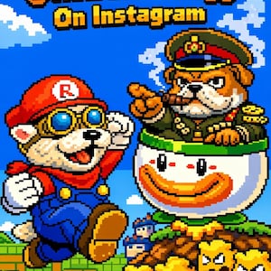 以下が含まれることがあります： マリオに扮した犬と、葉巻を吸う軍服姿の犬を描いたピクセルアート。画像には「Follow @RetroModDogg On Instagram」と「Retro MDD Dogg」の文字が含まれています。背景は青い空です。
