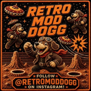 May include: A square patch with the text "RETRO MOD DOGG" in orange, featuring a cartoon dog in a leather jacket and goggles. The design includes UFOs, stars, and the Instagram handle @RETROMODDOGG.