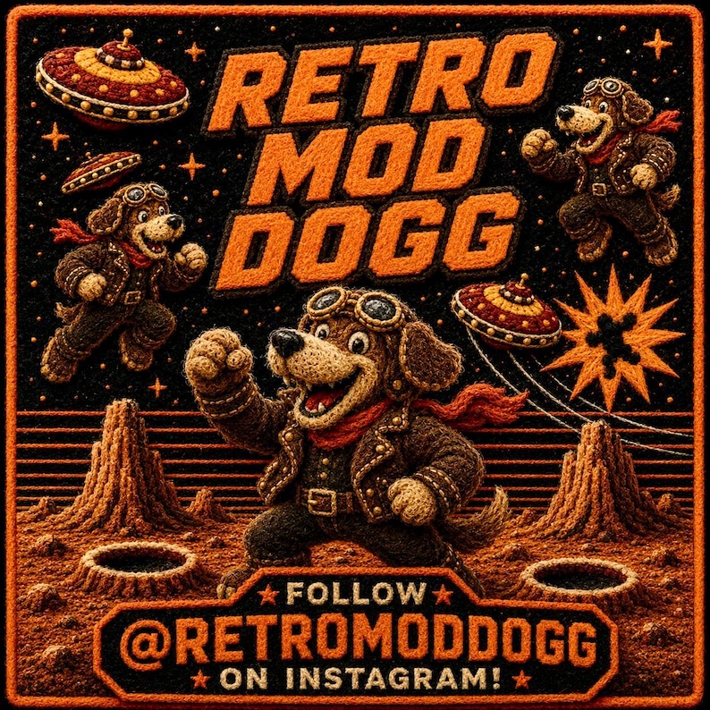 May include: A square patch with the text "RETRO MOD DOGG" in orange, featuring a cartoon dog in a leather jacket and goggles. The design includes UFOs, stars, and the Instagram handle @RETROMODDOGG.