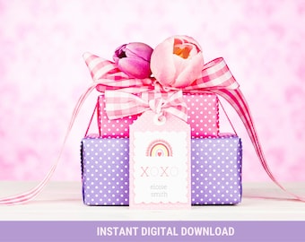 Tag Pastel EDITÁVEL do favor do presente do arco-íris XOXO | Download Digital Instantâneo | Etiquetas para lembrancinhas de criança e família | Aniversário, Polvilhe Bebê Tags