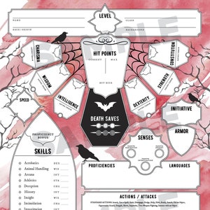 May include: A printable character sheet for a role-playing game. The sheet is designed with a gothic theme and features a black bat and ravens on a pink and white background. The sheet includes sections for character name, race, class, level, hit points, skills, proficiencies, actions, and more.