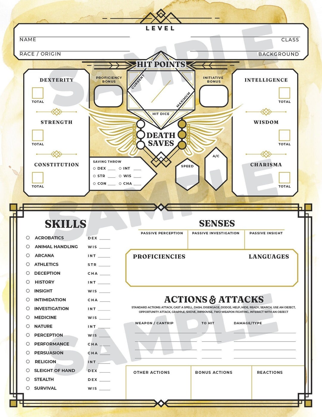 Art Deco Character Sheet D&D 5e Etsy