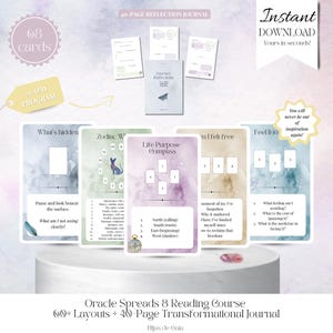 Może przedstawiać: Zestaw kart wyroczni i dziennika z tekstem "Oracle Spreads & Reading Course". Karty mają akwarelowe tła i podpowiedzi. Dziennik nosi tytuł "Journey Reflections". Obraz zawiera również tekst "Instant Download".