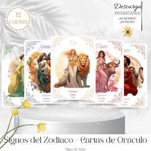 Oráculo Signos del Zodiaco femeninos. Oráculo en español, baraja digital e imprimible DIY. Cartes du Zodiaque. Télécharger instantanément le PDF.