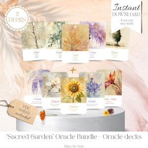 May include: A 'Sacred Garden' Oracle Bundle with two decks of cards, each card showcasing botanical art. The cards feature plants like Birch, Bamboo, and Sunflower. The image includes the text 'Instant Download' and 'PDF Guides included'.