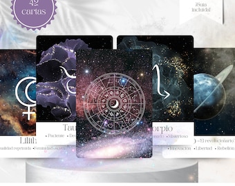 May include: A set of 42 tarot cards with a celestial theme. The cards feature a black background with a white circle in the center. The circle contains a zodiac symbol and a crescent moon. The cards are titled "Viaje a las estrellas" - Oráculo Astrológico. The cards are part of a deck called "Hijas de Gala".