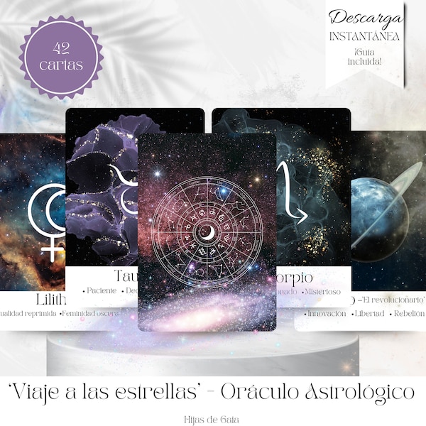 Oráculo Astrológico « Viaje a las estrellas », cartas de oráculo para principiantes, 42 cartas, guía incluida. Oráculo imprimible en espagnol.