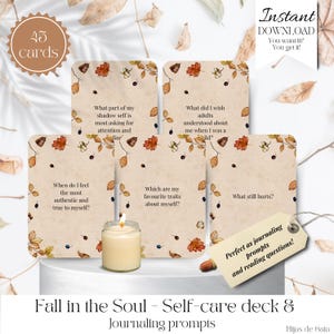 Baraja de 45 cartas con preguntas para trabajar con la sombra y escribir un diario. Baraja de cartas de autocuidado con temática otoñal y regalo de atención plena. Preguntas de meditación.