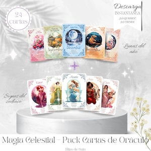 Magia Celestial pack de barajas de oráculo. Signos zodiacales y lunas llenas del año. Oráculo imprimible DIY. Baraja astrológica.