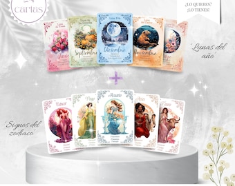 Magia Celestial pack de barajas de oráculo. Signos zodiacales y lunas llenas del año. Oráculo imprimible DIY. Baraja astrológica.