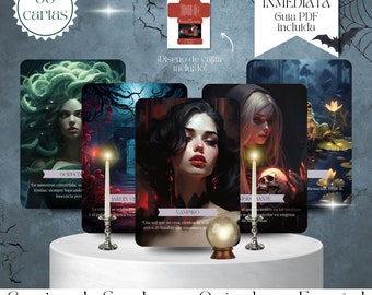 May include: A set of 55 tarot cards with a dark, gothic aesthetic. The cards feature illustrations of women, a skull, a frog, and a candle. The cards are titled "Camino de Sombras - Oráculo en Español" and "Cartas de Trabajo de Sombras".