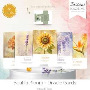 Soul in Bloom - Flower Oracle Cards for Spiritual messages. DIY printable deck. Oracle with box template and guidebook. Witchy gift.