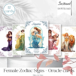 Printable Oracle cards: Female Zodiac Signs deck. DIY tarot. Instant PDF download. High-resolution Divination Tool. Hijas de Gaia.