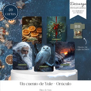 May include: A deck of 40 illustrated cards featuring images of oranges, a snowy owl, and a winter landscape. The cards are part of a Yule oracle, with Spanish text. The design includes a box, and the words "Descarga Instantánea" are visible.