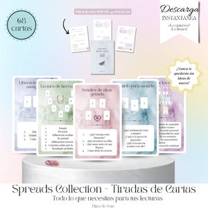 Könnte beinhalten: Ein Satz Tarotkarten mit Aquarellhintergründen in Pastelltönen, mit Titeln wie "Liberación", "Lectura de herra" und "Señales de alma gemela". Das Bild enthält ein Booklet und eine kreisförmige Grafik mit der Aufschrift "68 cartas".