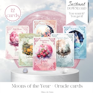 Cartas del Oráculo de las Fases Lunares - Baraja de adivinación 'Las Lunas del Año' - Perspectivas sobre la Luna Llena. Baraja de oráculo para imprimir por uno mismo. Hijas de Gaia.