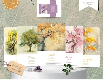 May include: A printable oracle deck featuring 45 cards with watercolor illustrations of trees. The cards are titled "La voz de los árboles - Oráculo imprimible" and "Hijas de Gaia".