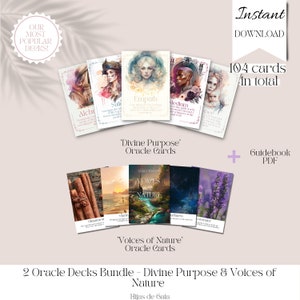 Oracle Cards Printable Bundle with our most popular decks. 104 cards. PDF guidebooks and box template. DIY tarot for Instant Download.