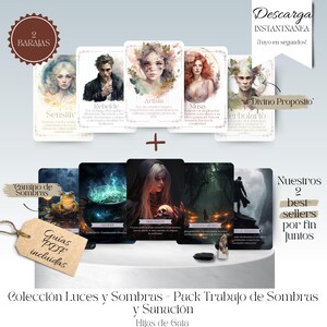 May include: A set of tarot cards featuring watercolor illustrations of figures with text in Spanish. The cards are labeled with words like "Artista" and "Rebelde." The image also includes the text "Colección Luces y Sombras - Pack Trabajo de Sombras y Sanación."