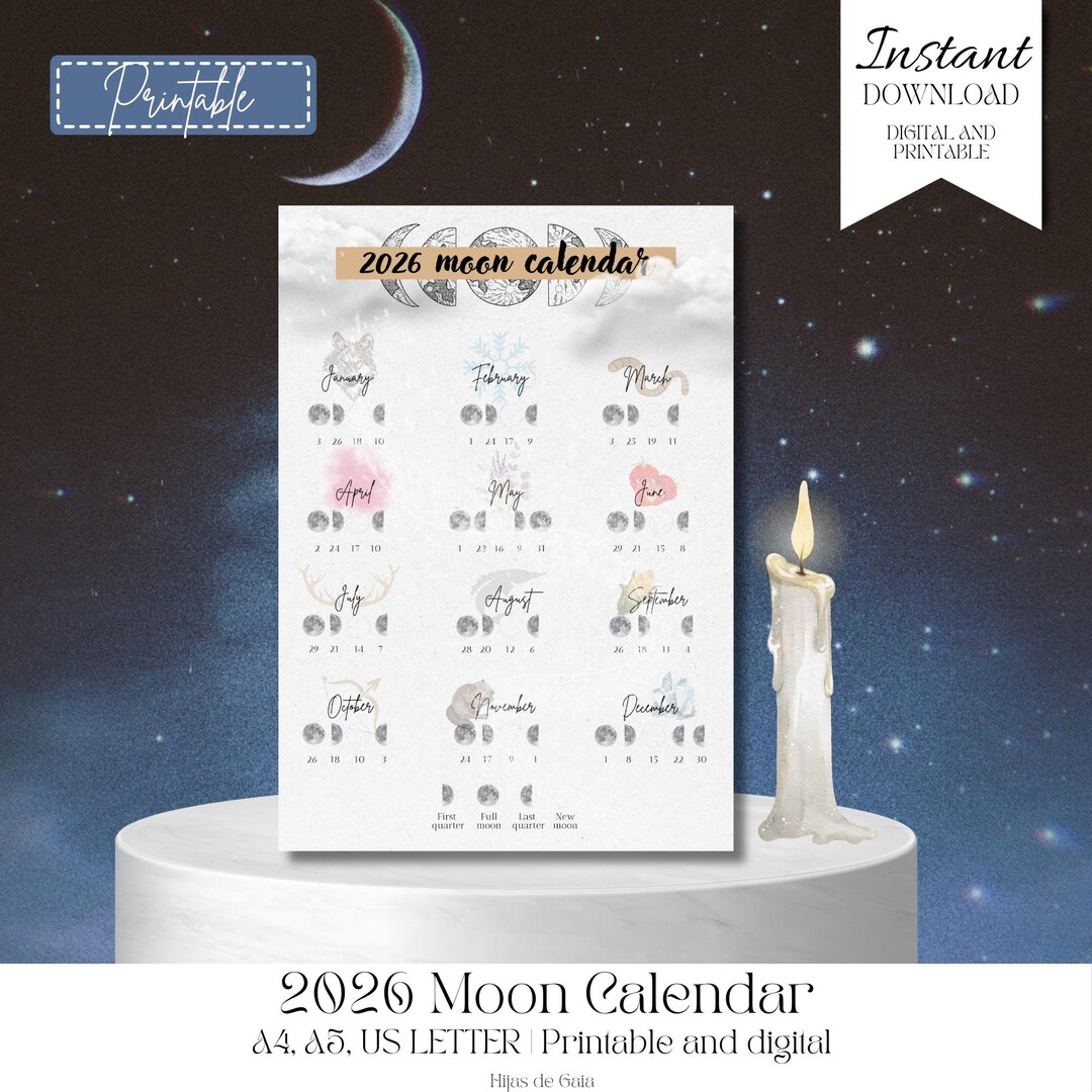 Buy 2026 Moon Calendar - Lunar Phases Planner With Moon Phases for 2026 ...