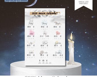 2026 Moon Calendar - Lunar Phases Planner with Moon Phases for 2026 | Printable | A4, US letter, A5 | Digital Download