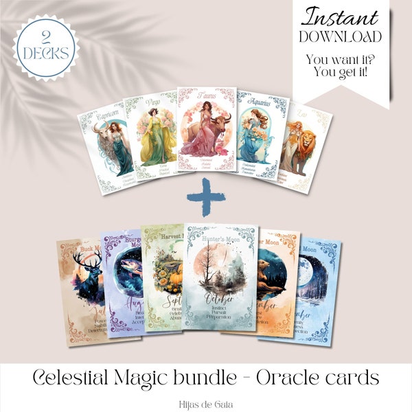 Celestial Magic Oracle Deck Bundle. Zodiac Signs & Lunar Phases. Mystical Divination Cards. Printable deck. Astrology oracle. Hijas de Gaia.