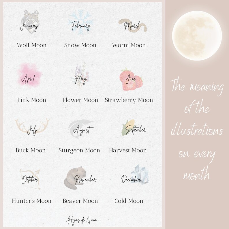 Printable 2024 Moon Calendar. Moon Phases Calendar 2x1 With Celestial ...
