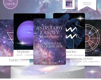 May include: An Astrology Journey Oracle Cards deck with 42 cards, box design, and guidebook included. The cards feature a galaxy design with astrological symbols and text. The deck is a learning tool made by Hijas de Gala.
