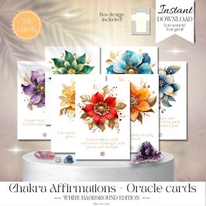 Affirmations positives des chakras Oracle Deck. Cartes imprimables DIY. Téléchargement instantané. Outil de spiritualité et de divination de haute qualité. Conception de boîte.
