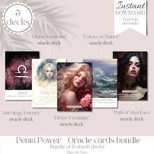 Lot de 5 decks Oracle. Cartes Oracle imprimables DIY avec guides inclus. Travail d'ombres, astrologie, nature, et plus encore. Hijas de Gaia.