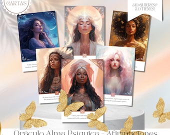 May include: A set of 40 affirmation cards with colorful illustrations of women. The cards are part of a deck called "Oráculo Alma Psíquica - Afirmaciones Positivas" by Hijas de Gala. The cards feature positive affirmations and are designed to help you connect with your inner wisdom.