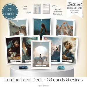 May include: Lumina Tarot Deck with 78 cards and extras. The deck features illustrated cards with various scenes, including figures, animals, and celestial bodies. The image also includes a cheat sheet, spread reflection worksheet, and the text "Instant Download".
