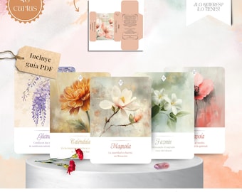 May include: A floral oracle deck with 45 cards, featuring watercolor illustrations of various flowers. The deck includes a PDF guide and comes in a box with a floral design. The text on the cards includes the names of the flowers.