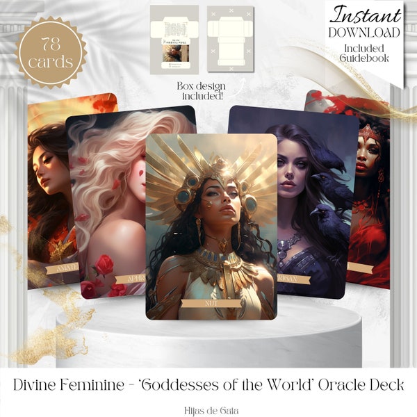 Printable Oracle Cards: Divine Feminine Deck, Goddesses of the World. DIY. Instant PDF download with included PDF Guidebook.