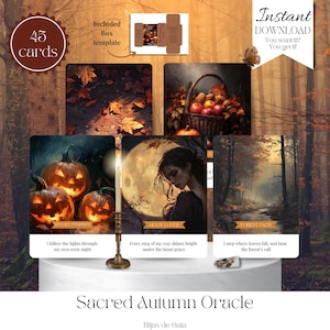 Puede incluir: Una descarga digital que presenta una baraja de cartas del Oráculo de Otoño Sagrado. La imagen muestra 45 cartas con ilustraciones temáticas de otoño, incluyendo calabazas, hojas y una escena de bosque. También se ven las palabras "Descarga instantánea".