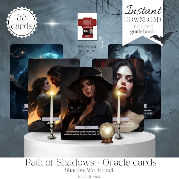 Path of Shadows oracle cards. Shadow Path Oracle Deck | DIY Printable Tarot Cards & Guide. Hijas de Gaia. With box design. Christmas gift.