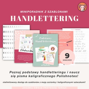 Mini handlettering guide with 9 exercise templates in Polishnotes calligraphic font