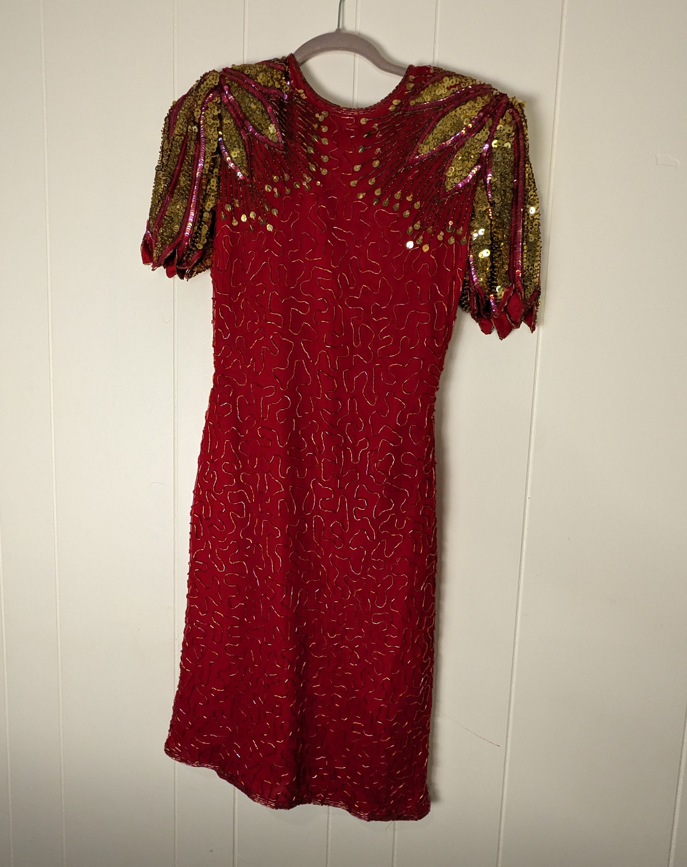 scala red sequin dress SCALA -80126 V-Neck Side Cut Out Sequin Sheath Dress 8 / RED