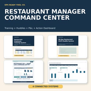 Può includere: Un toolkit digitale Restaurant Manager Command Center con quattro sistemi collegati per formazione, riunioni e gestione profitti e perdite. Include cartelle di lavoro Microsoft Excel con dashboard, fogli di monitoraggio e piani d'azione.